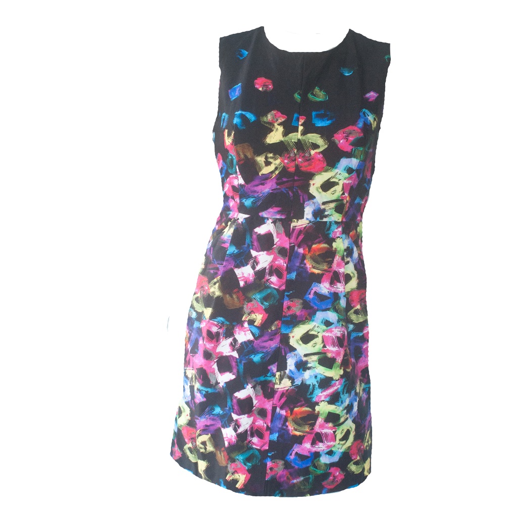 Milly Black & Colorful Abstract Print Fit & Flare Cocktail Satin Dress